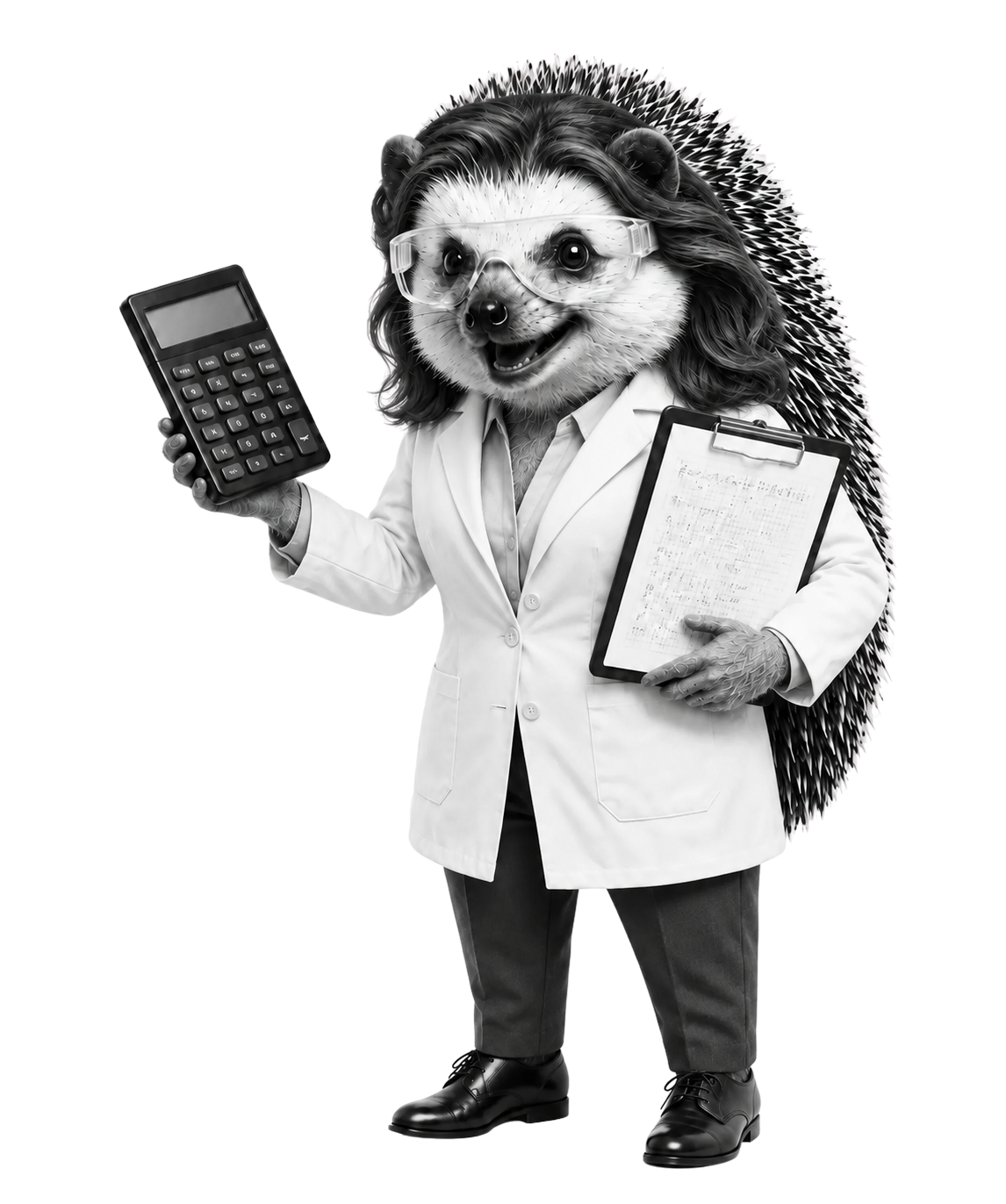 Eager female scientist hedgehog holding a calculator and carbon-calculation clipboard