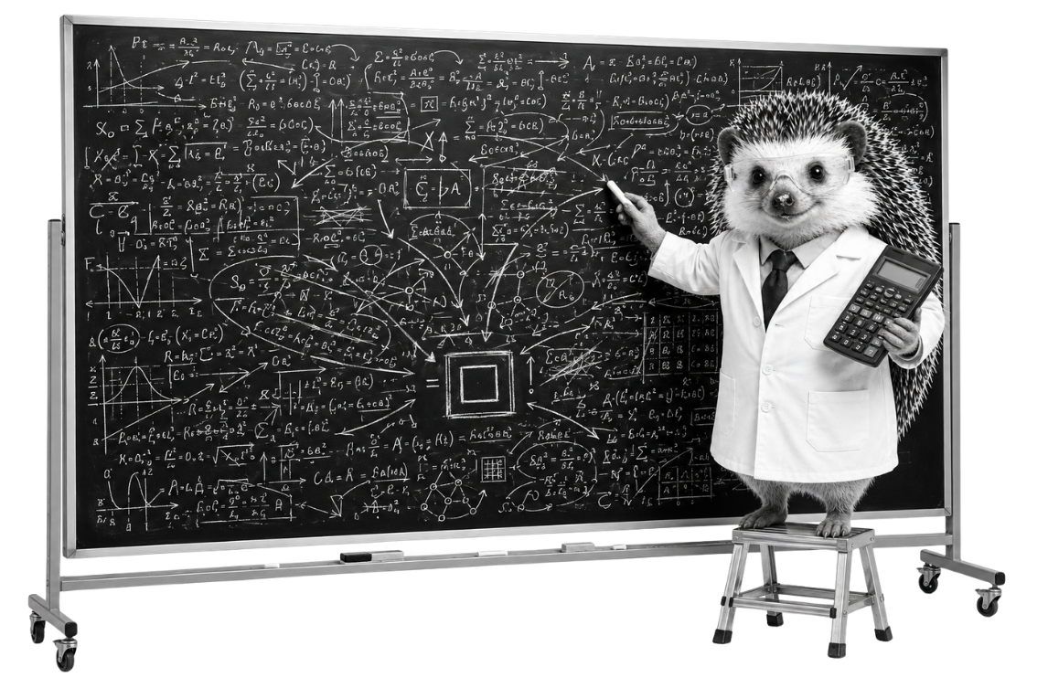 Scientist hedgehog presenting an oversized blackboard filled with carbon calculations