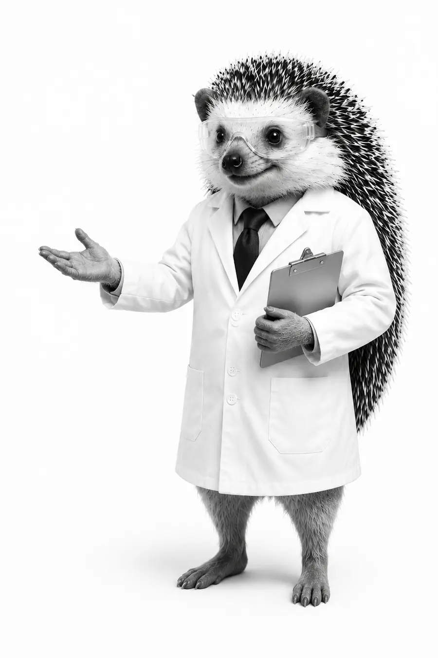 Confident scientist hedgehog presenting the environmental evidence with a clipboard