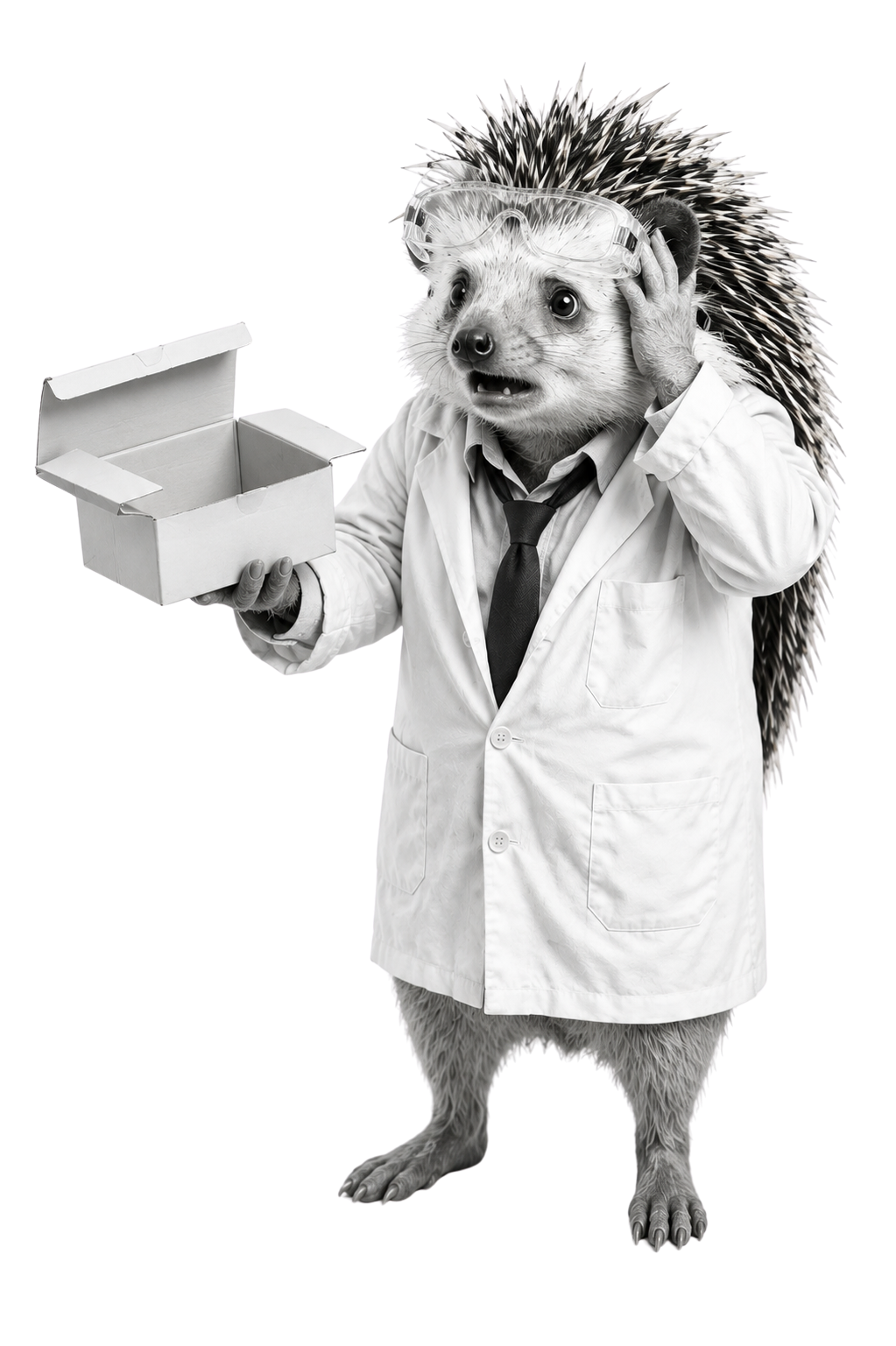 Frazzled scientist hedgehog reacting to an empty shipment box