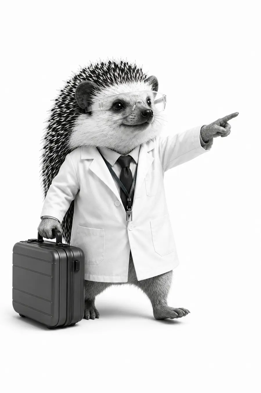 Travel-ready scientist hedgehog pointing towards the shipment route while holding a transport case