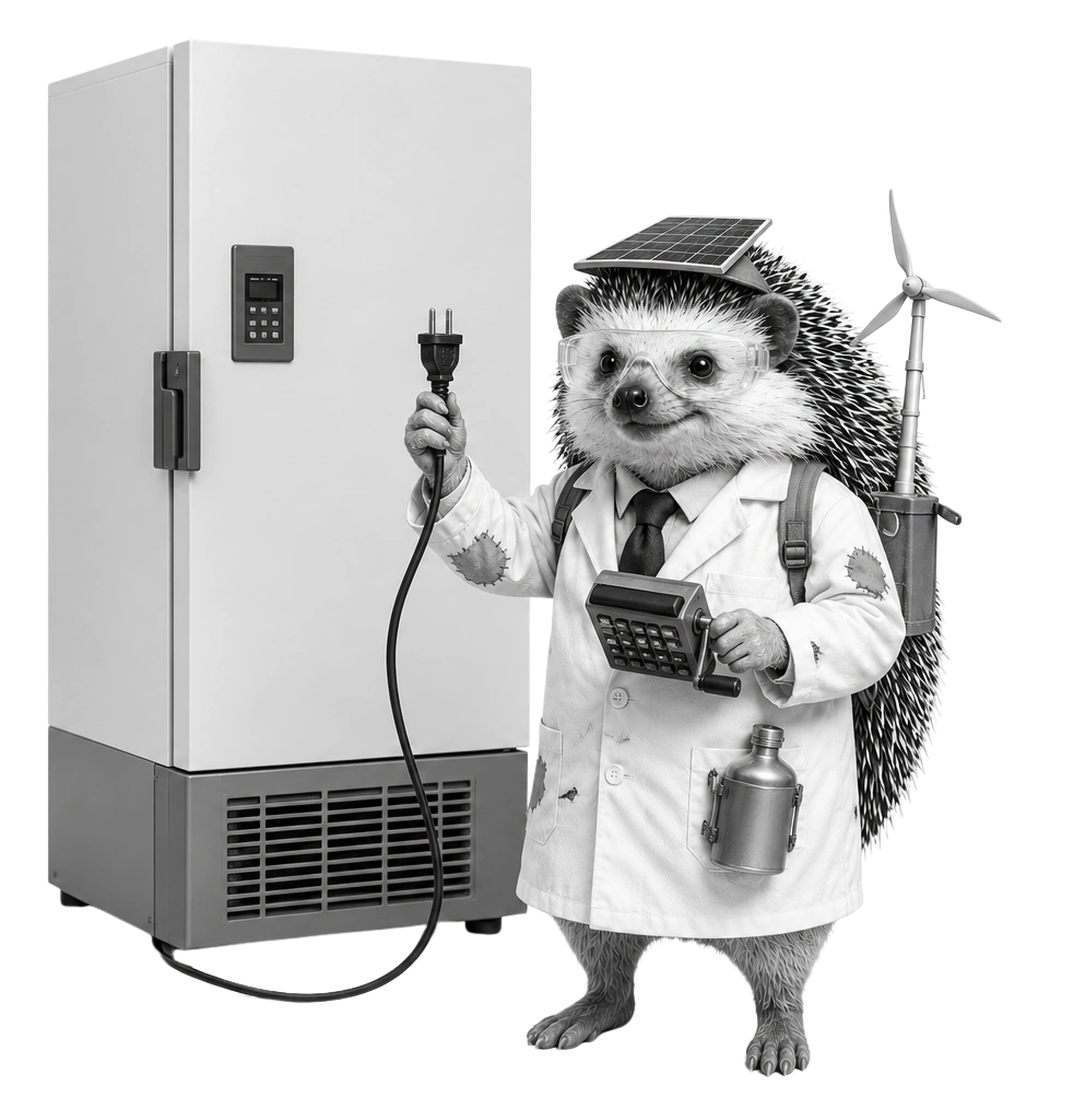 Overly eco-conscious scientist hedgehog holding an unplugged freezer cable and hand-cranked calculator
