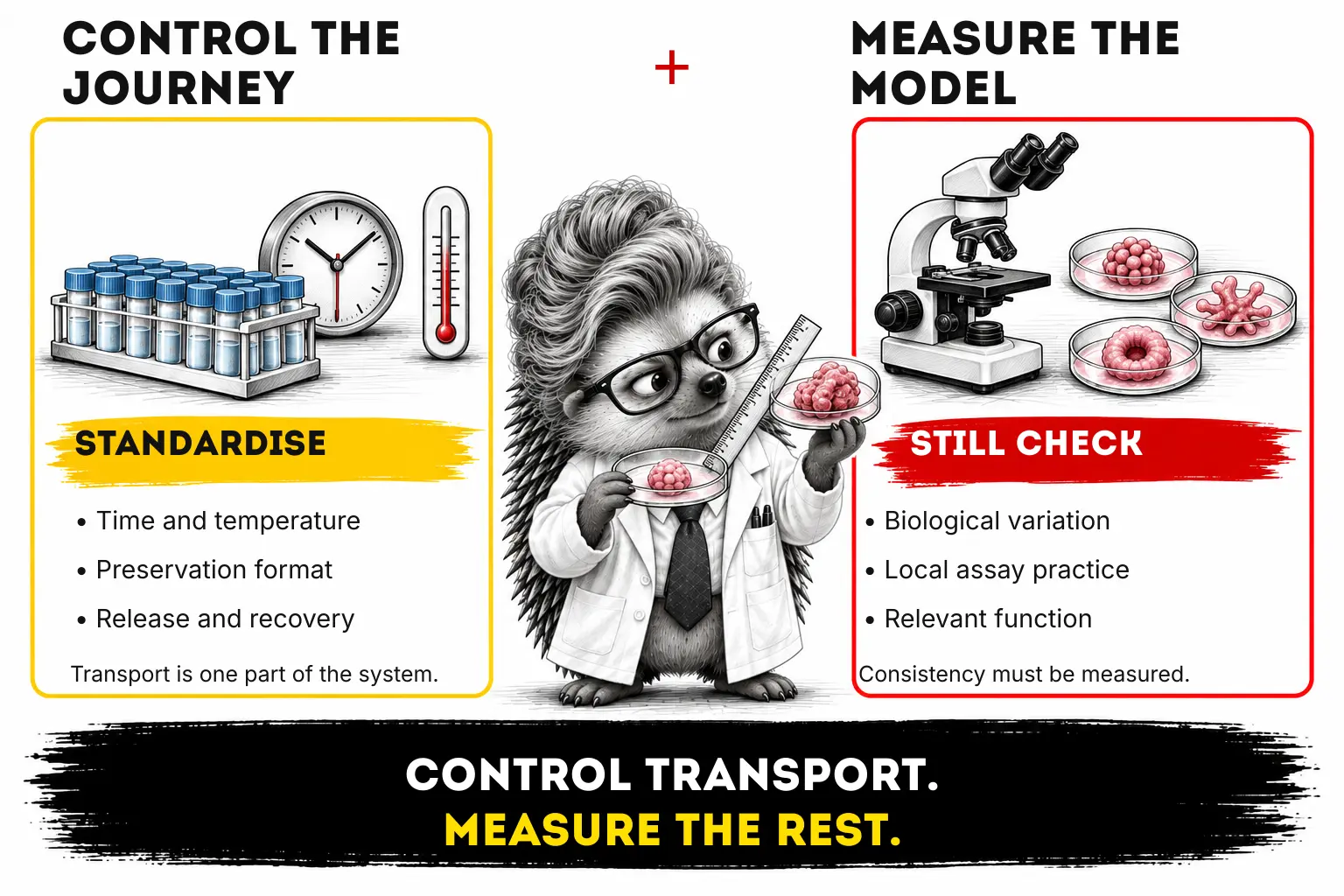 Comparison showing transport controls such as time, temperature, preservation format and recovery alongside biological variation, local assay practice and relevant function that still need measurement. A scientist hedgehog compares different model dishes.