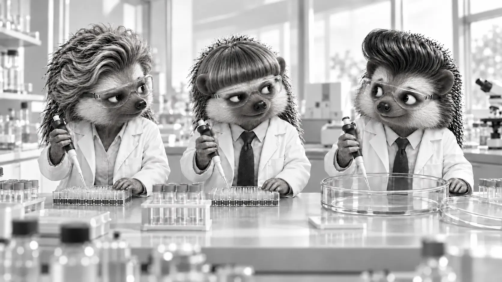 Illustration of three scientist hedgehogs comparing laboratory plates, with one using an oversized Petri dish.