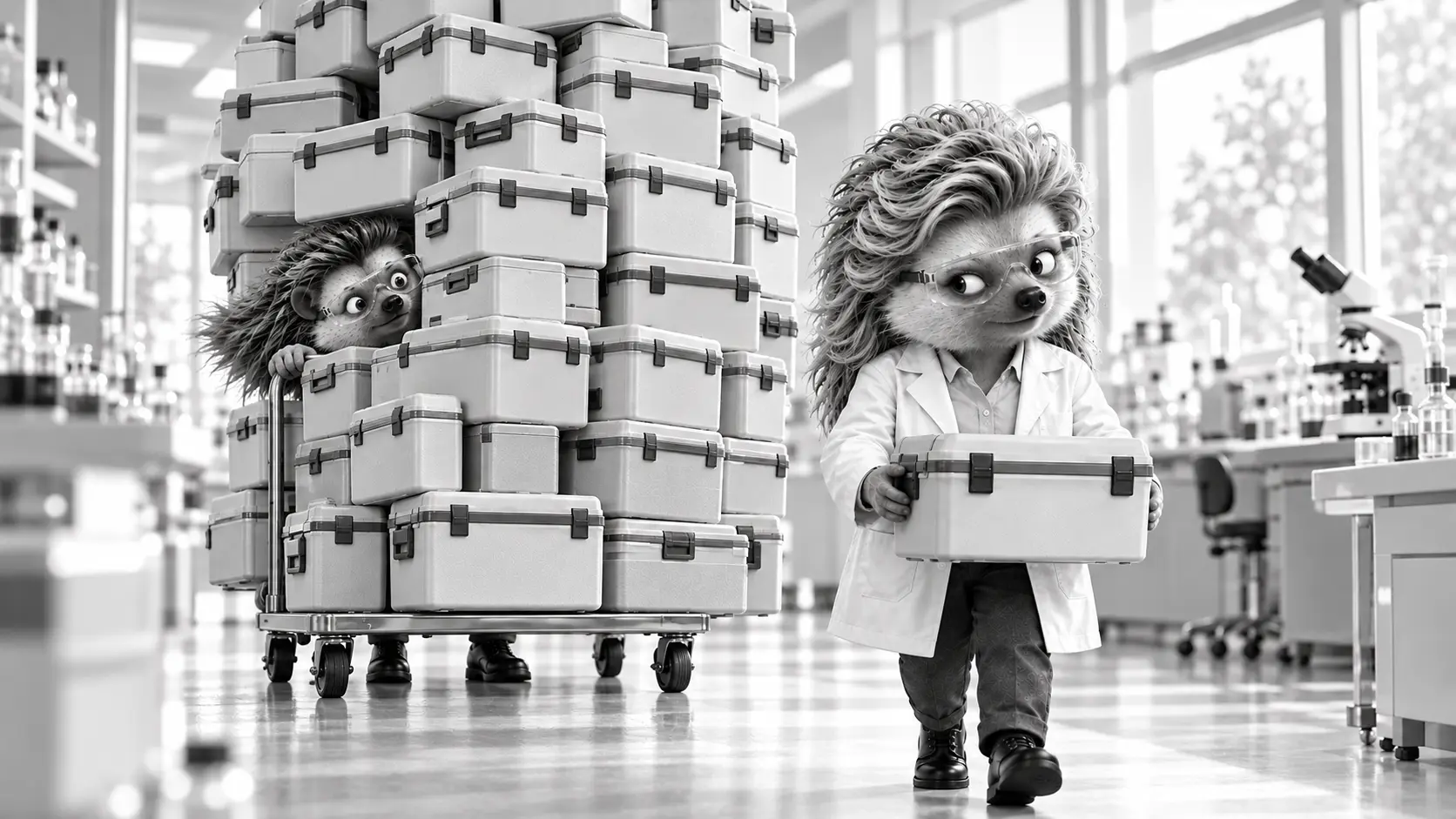 Illustration of scientist hedgehogs beside a towering stack of sample transport cases.