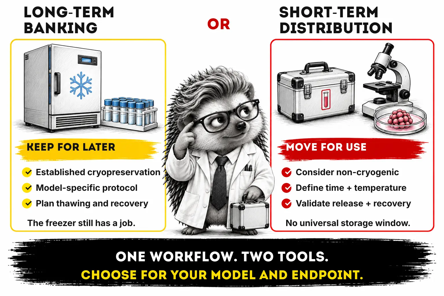 Illustrated comparison of long-term organoid banking and short-term distribution. Banking uses model-specific cryopreservation and recovery protocols; non-cryogenic distribution requires defined conditions and validation. One workflow can use both.