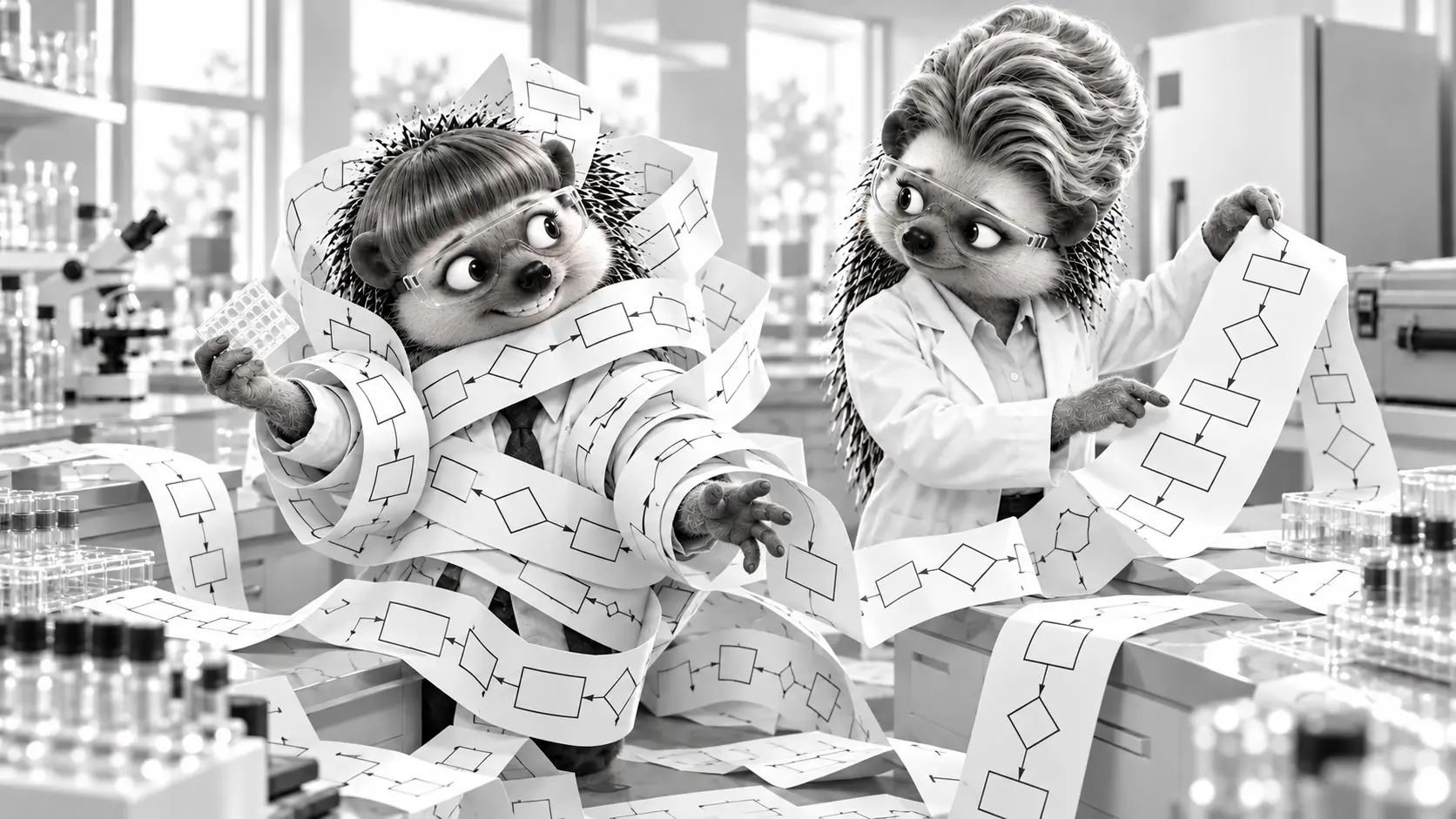 Illustration of scientist hedgehogs tangled in an elaborate laboratory workflow chart.