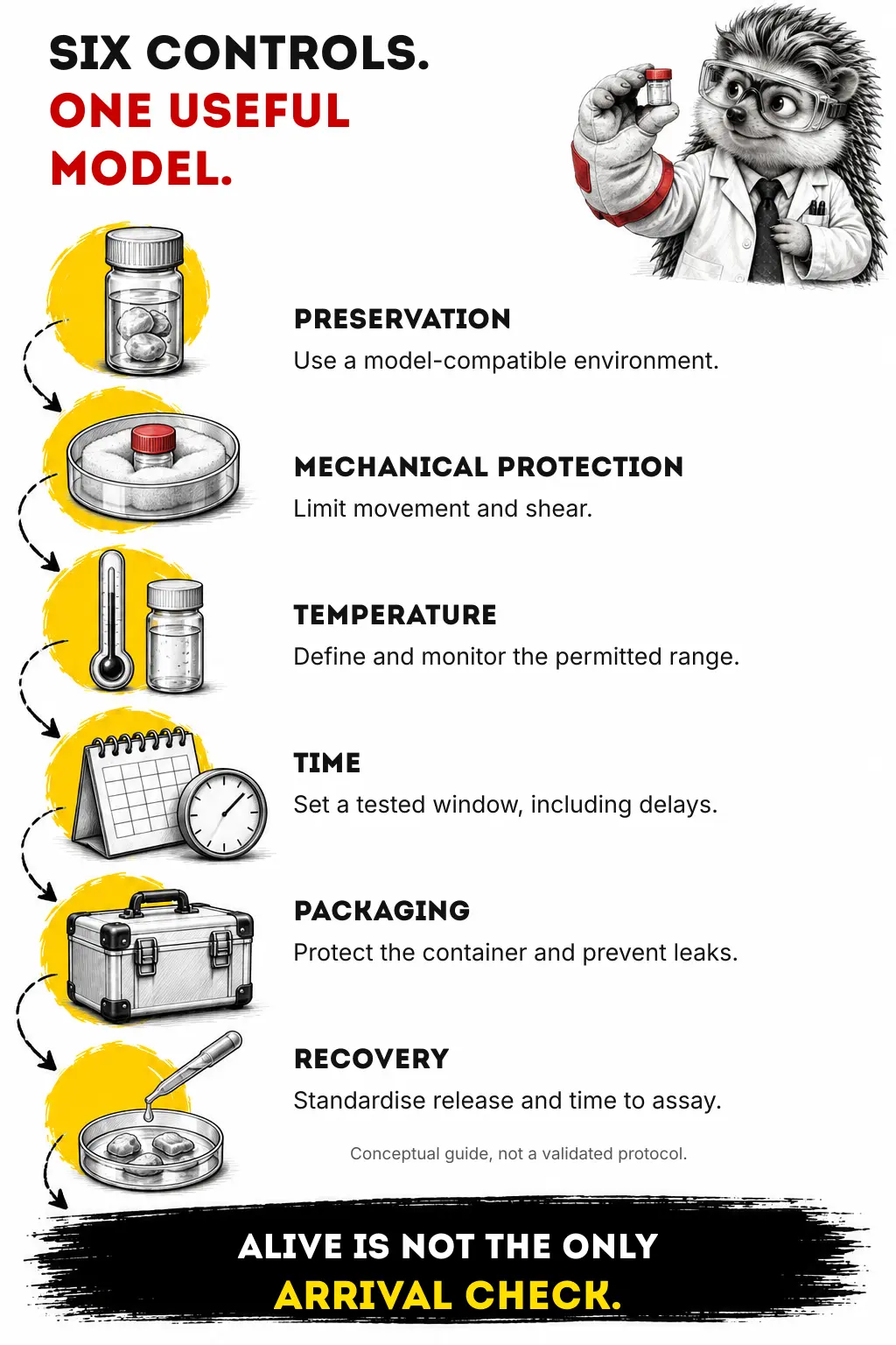 Six illustrated controls for organoid transport: preservation environment, mechanical protection, temperature, time, packaging and recovery. The takeaway notes that being alive is not the only arrival check.