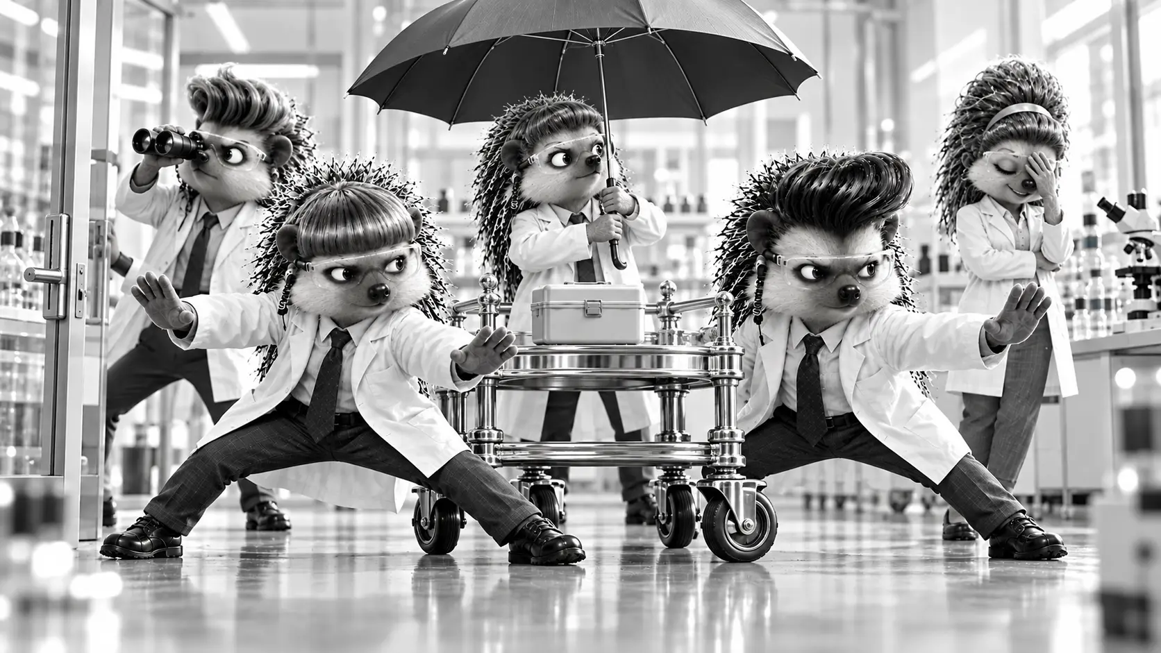 Illustration of scientist hedgehogs escorting a sample transport case with an exaggerated security entourage.