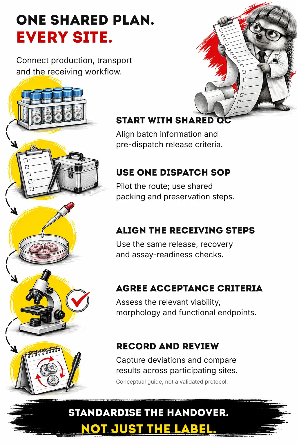 Five-step multi-site distribution guide covering shared quality checks, route piloting and dispatch instructions, aligned receiving steps, common acceptance criteria and review of deviations and results.