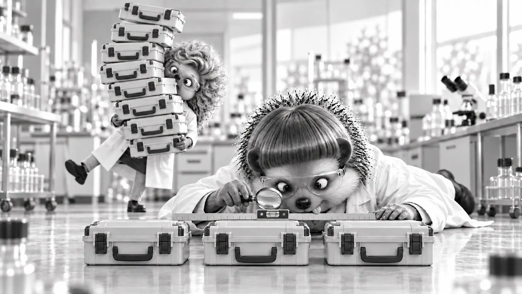 Illustration of scientist hedgehogs organising laboratory samples amid an exaggerated scene of perfectionist chaos.